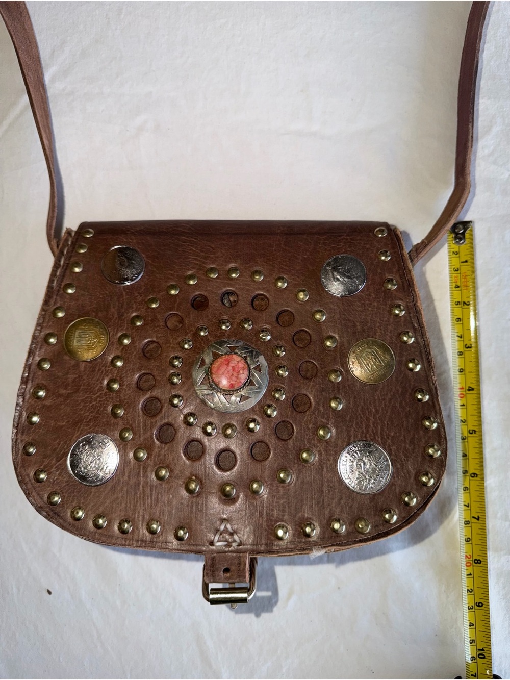 Brown Leather Stud-Embellished Crossbody Bag with Center Stone Accent - Picture 2 of 5